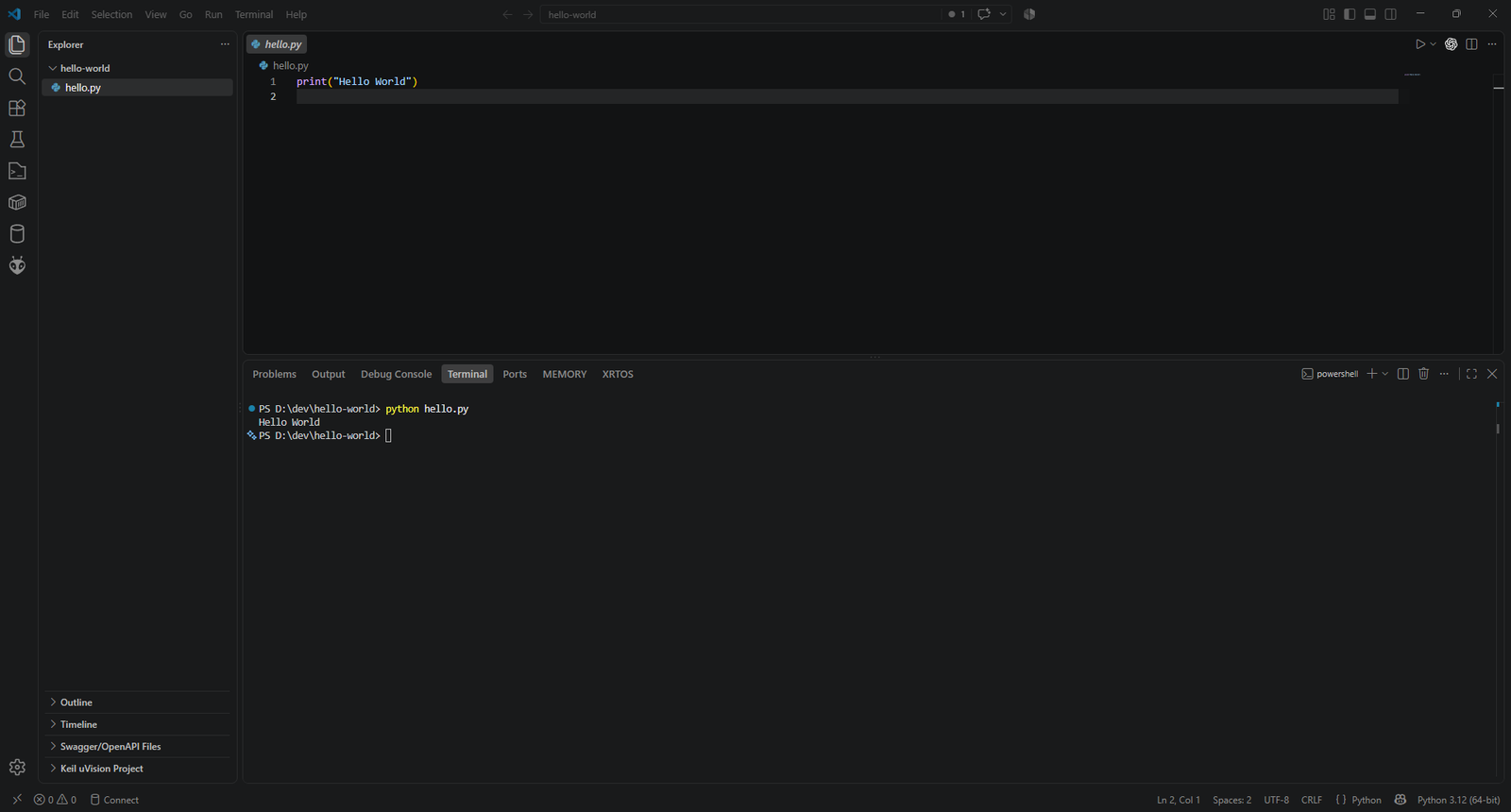 VS Code 터미널에서 python hello.py를 실행해 Hello World가 출력된 화면
