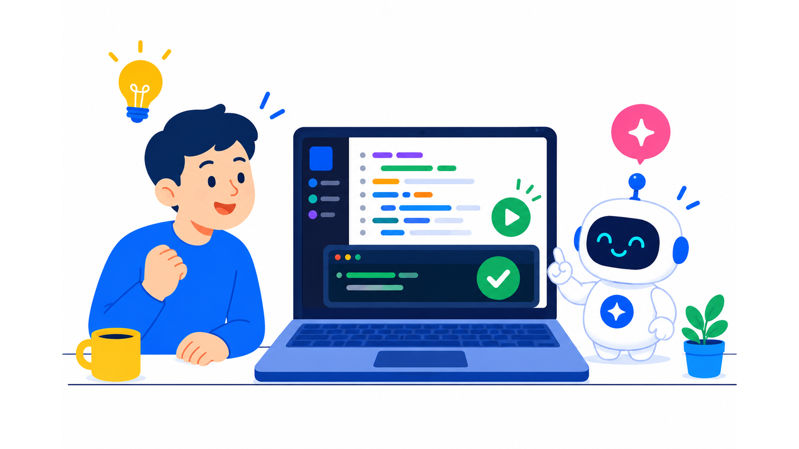 AI 코딩 도구와 함께 노트북에서 프로그램을 실행하는 직장인