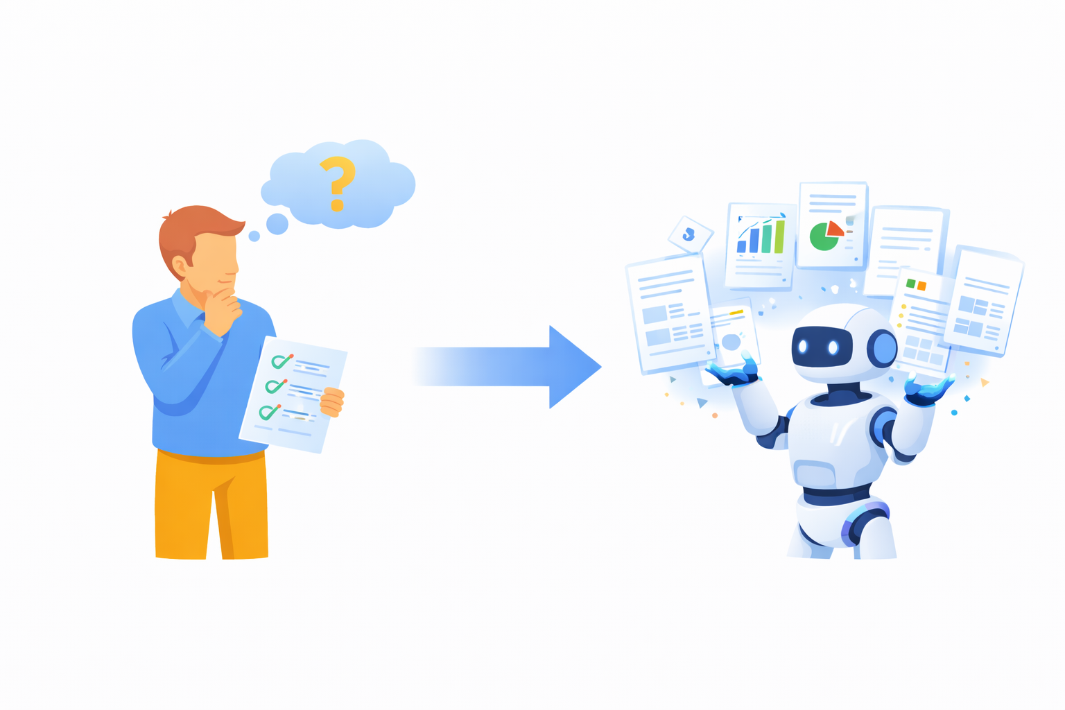 사람은 판단하고 AI는 문서를 생성하는 역할 분리를 보여주는 생성형 AI 구조 이미지