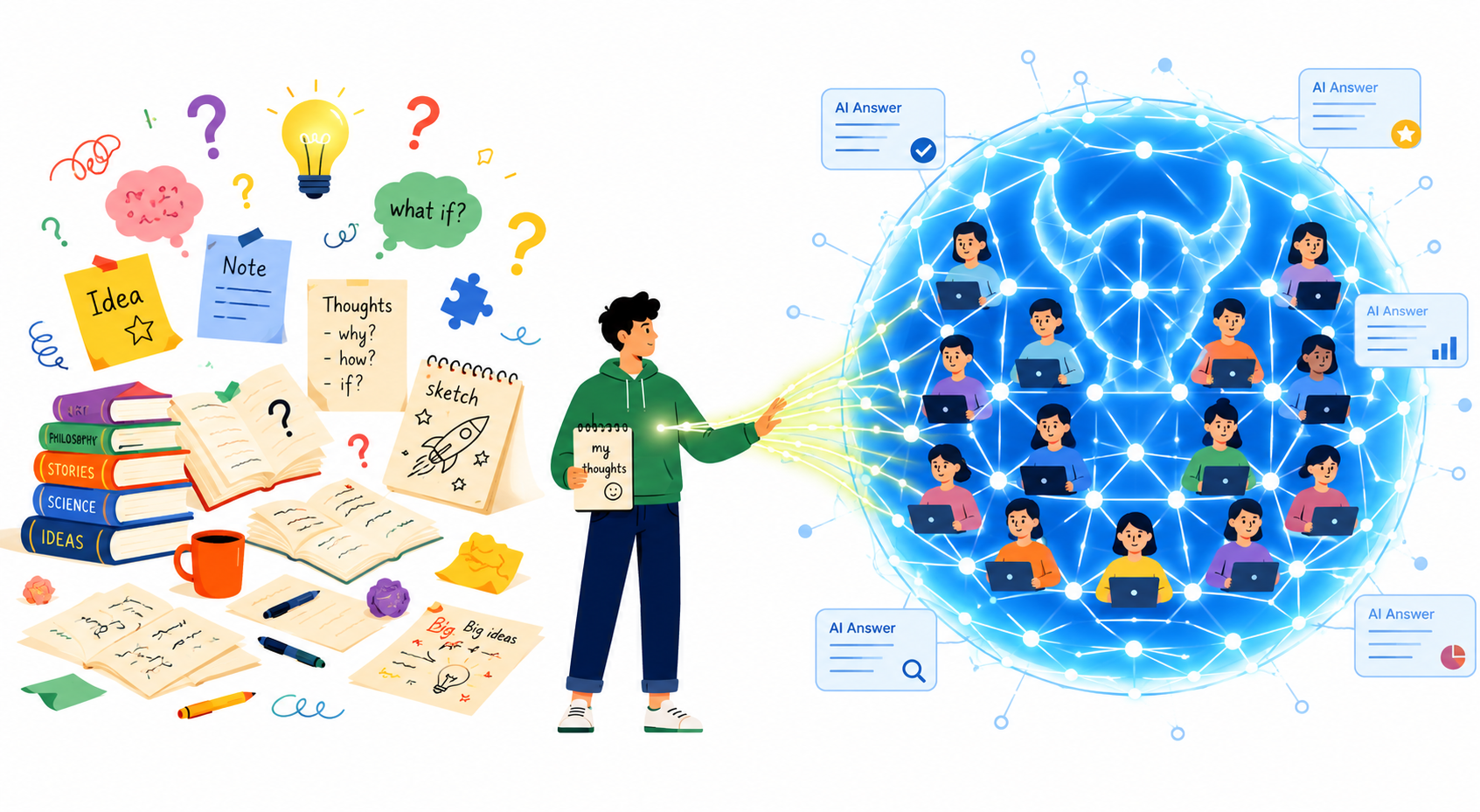 AI 집단 의식 속으로 흡수되는 인간을 표현한 철학적 SF 이미지