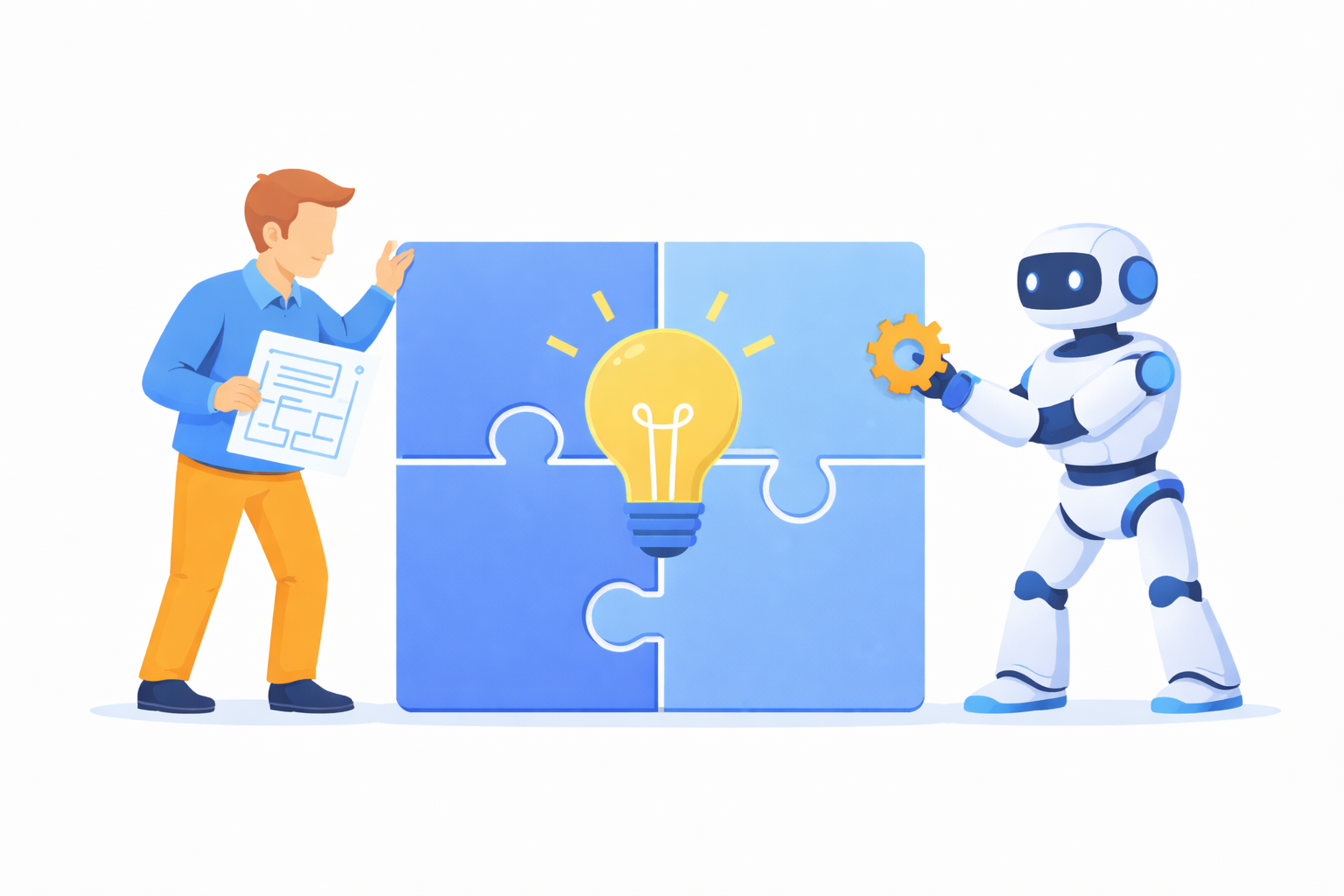 사람과 AI가 함께 퍼즐을 맞추며 협업하는 모습을 표현한 생성형 AI 역할 분리 인포그래픽 이미지