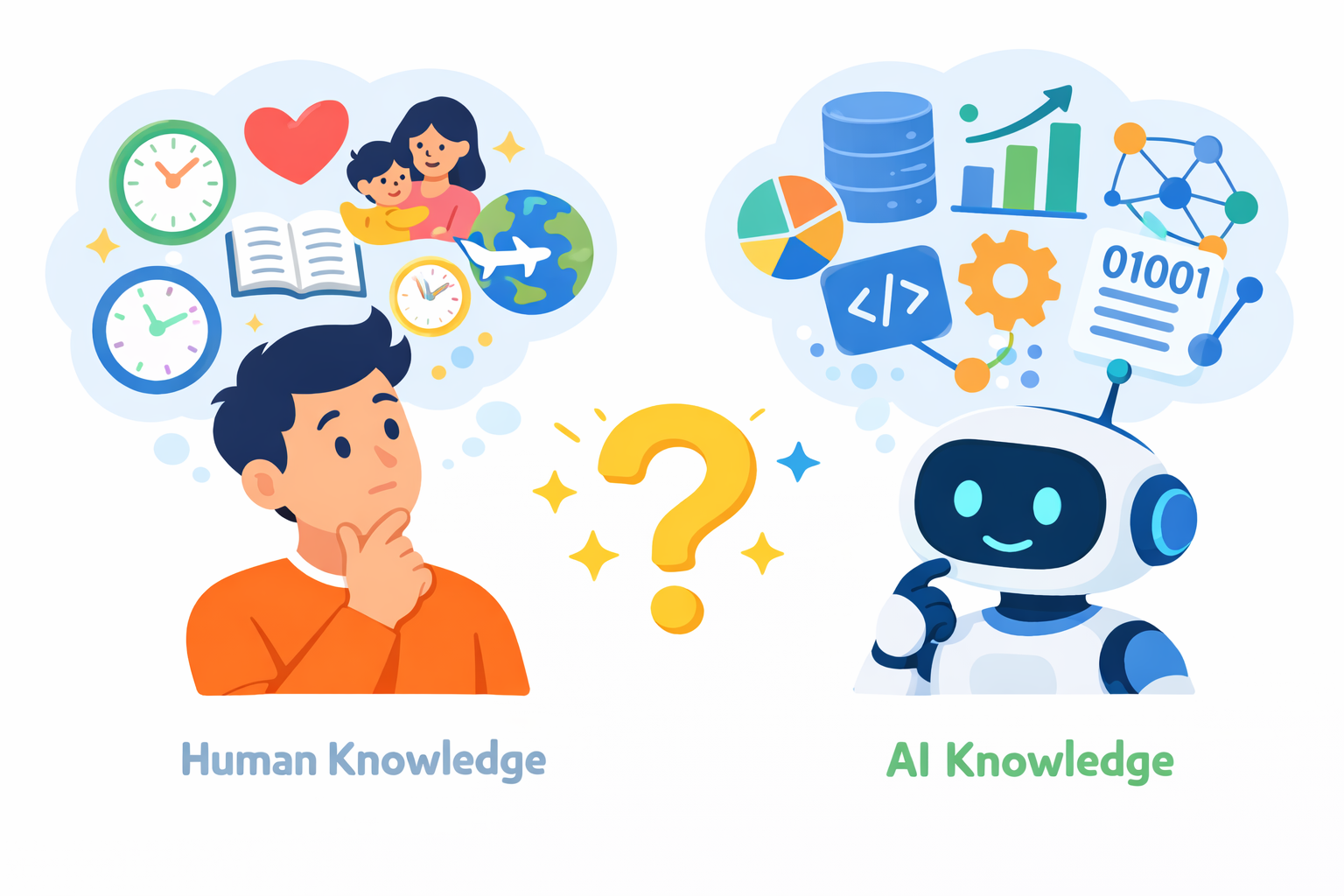 인간과 AI가 지식을 바라보는 방식의 차이를 보여주는 일러스트