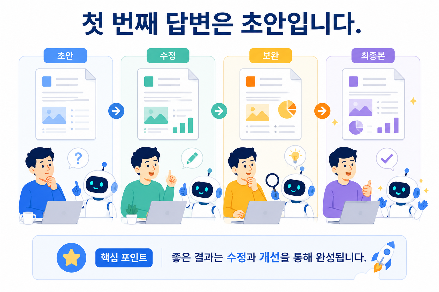 AI의 첫 번째 답변을 최종본이 아니라 초안으로 바라보는 과정을 설명하는 이미지