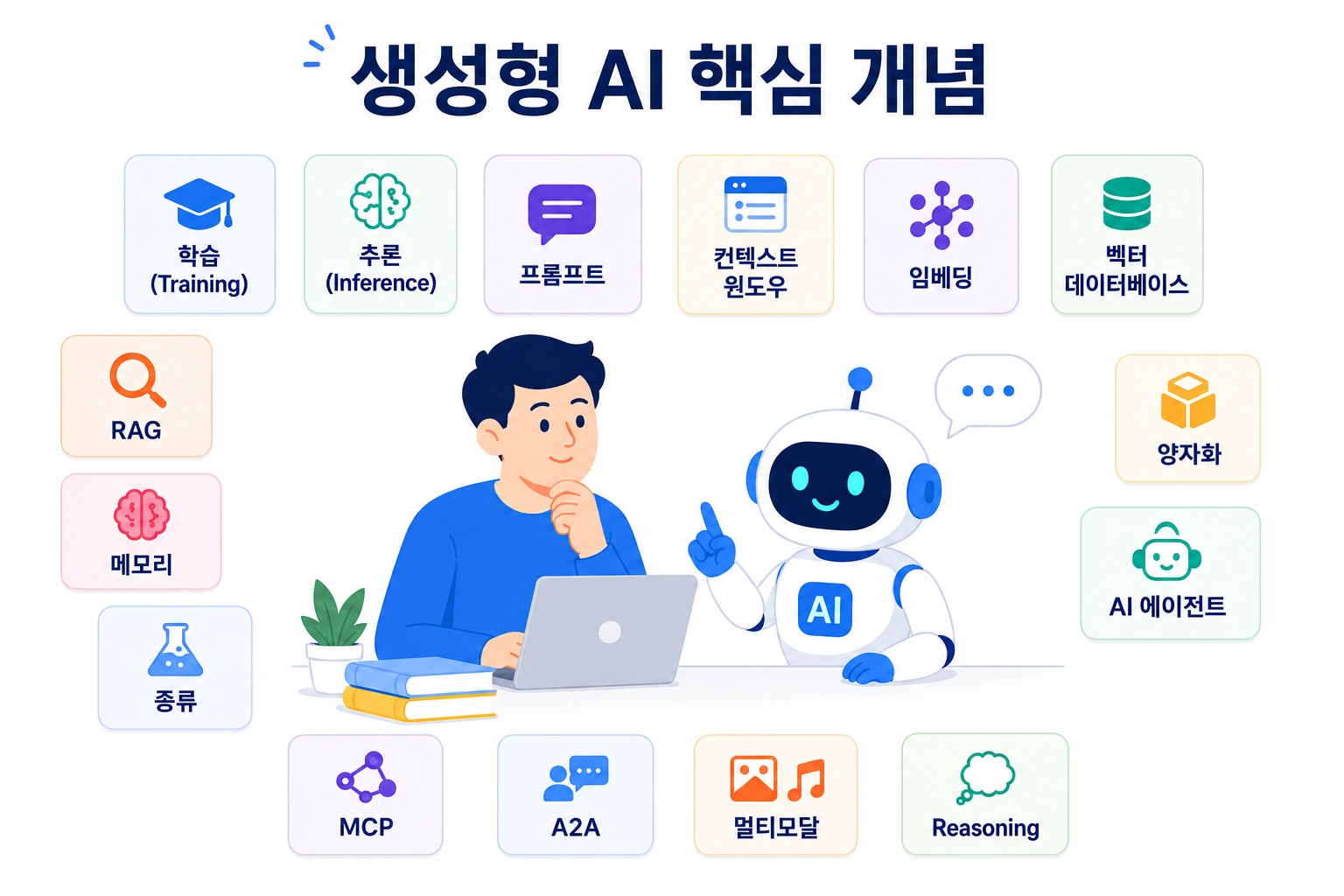 LLM과 생성형 AI의 핵심 기술 용어를 한눈에 보여주는 개념 이미지